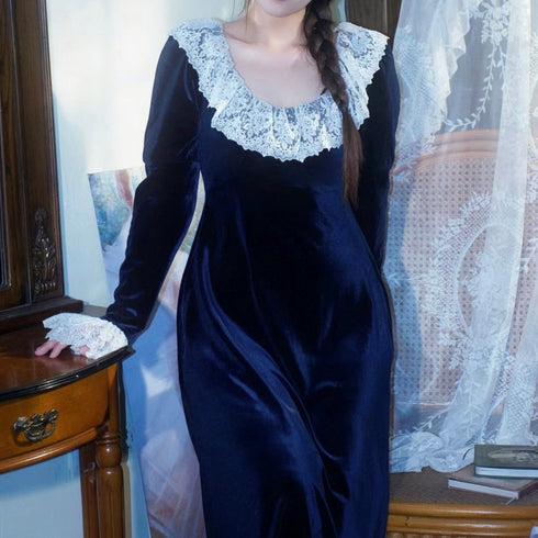 Gothiv Navy Victorian style Dress with Lace Ruffled Collar and Long Sleeves – Gothic Victorian Dress - Velvet Dress Plus Size